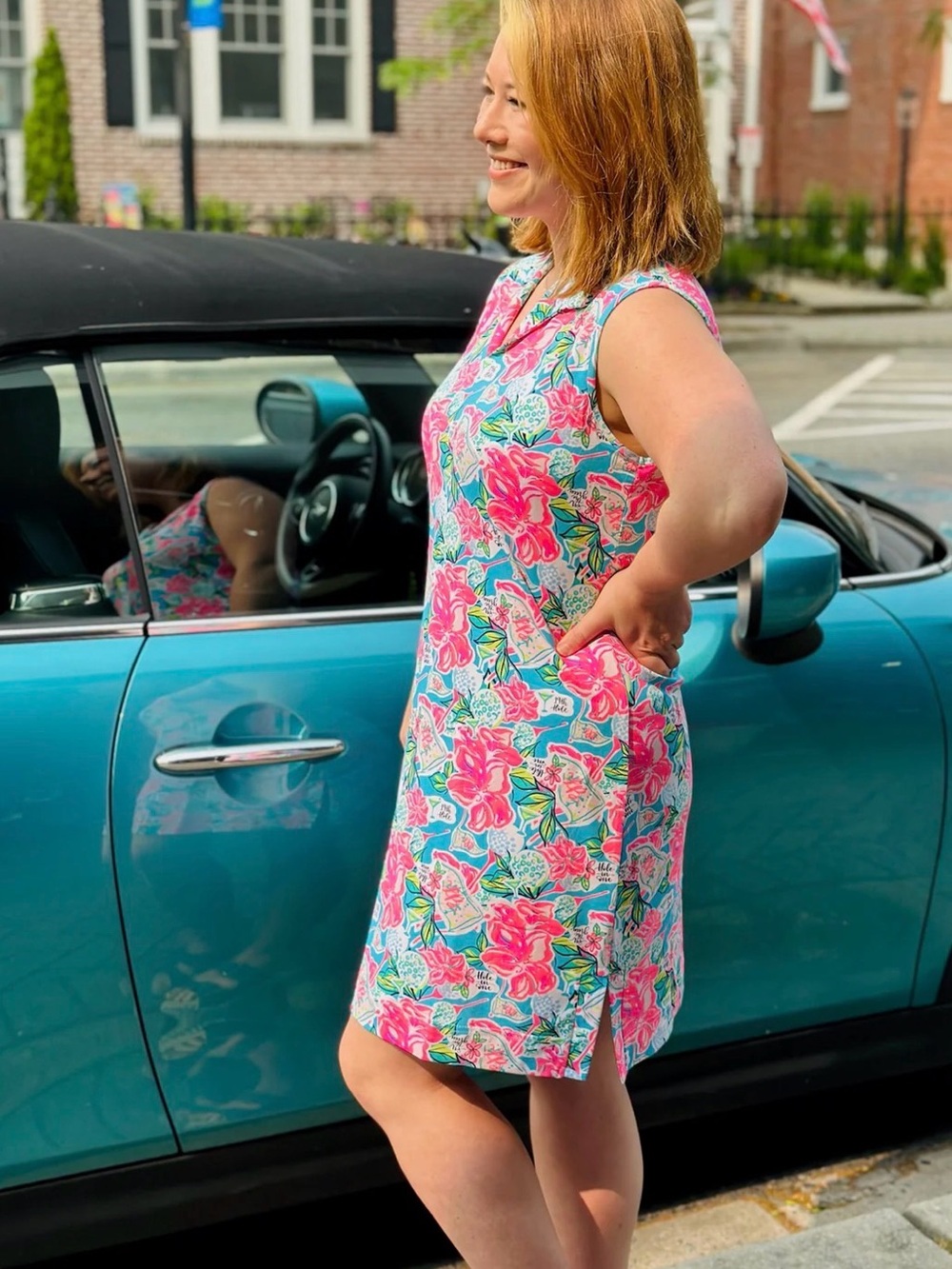 Lulu-B Women's Sleeveless Dress, Size XS, Golf Print/Floral Print, Pink/Teal